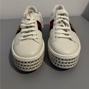 Gucci White Sneakers with Rhinestone and Stripe Detail